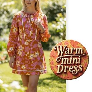 WARM retro mod 60’s inspired Chelsea mini dress orange pink floral Size M 6/8